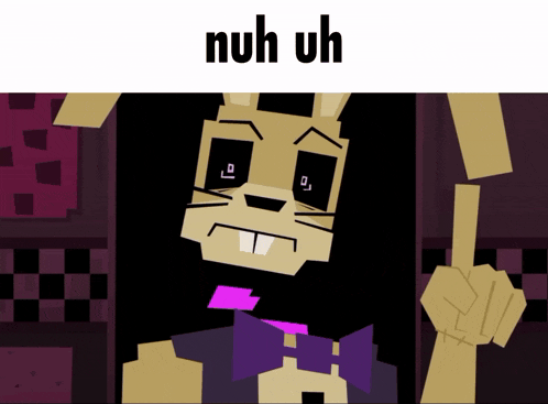 a cartoon of a rabbit with a purple bow tie and the words nuh uh above it