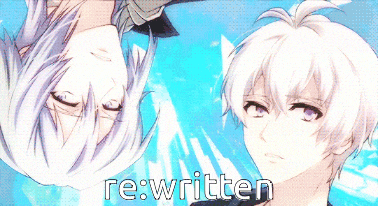 a picture of two anime characters with the words rewritten written below them