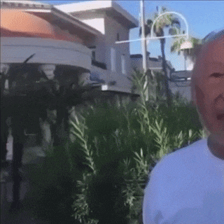 a man in a white shirt is standing in front of a house with palm trees .