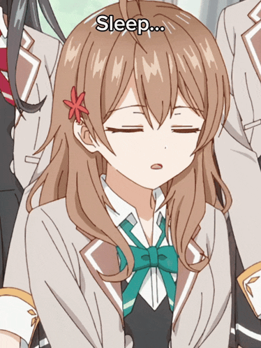 a girl with her eyes closed has a red flower in her hair and the caption sleep