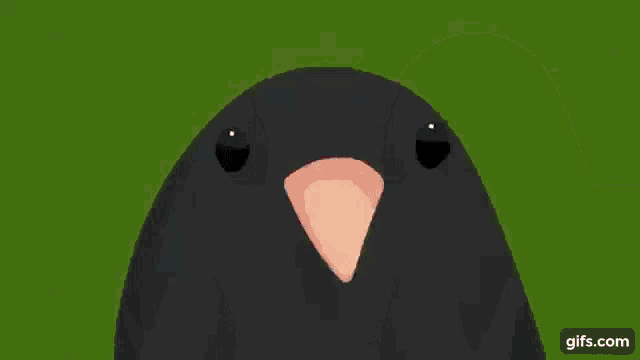 a black bird with a pink beak on a green and a purple background