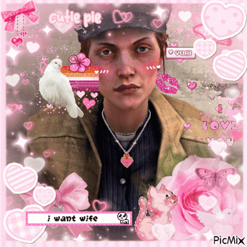a picture of a man surrounded by pink hearts and flowers with the words i want wife