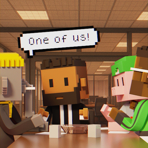 a group of cartoon characters are sitting around a table with a sign that says one of us