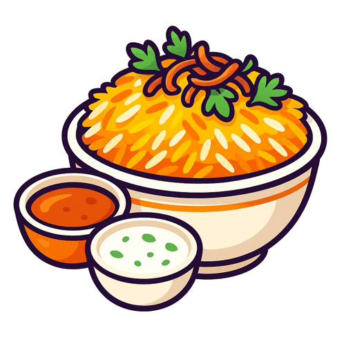 a cartoon drawing of a bowl of rice with two dipping sauces next to it