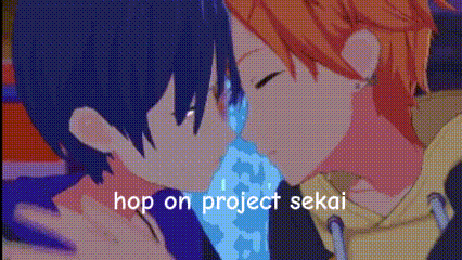 a couple of anime characters kissing each other with the words hop on project sekai written below them .
