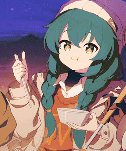 a girl with green hair is holding a bowl of food and a chopstick