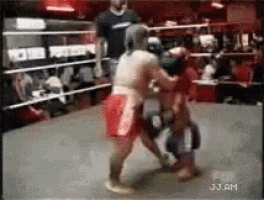 two boxers are fighting in a boxing ring with fox j.j.am in the corner