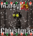 a black cat is sitting in front of a christmas tree with the words `` merry christmas '' written in white letters .