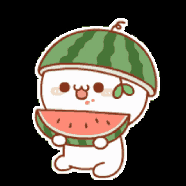 a cartoon character is holding a slice of watermelon .