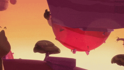 a cartoon scene with a red balloon flying in the air