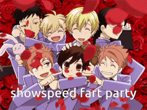 a group of anime characters are surrounded by red rose petals and the words showspeed fart party