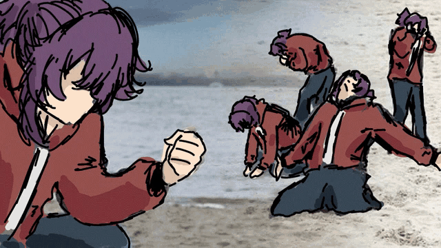 a drawing of a girl with purple hair and a red jacket