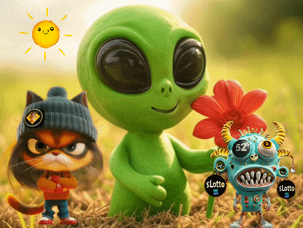 a green alien holding a flower next to a cat and a robot with the number 52