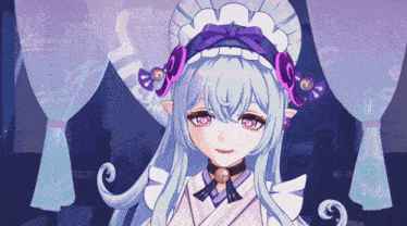 a girl with a purple bow on her head is smiling