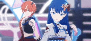 a boy and a girl are standing next to each other in a video game .