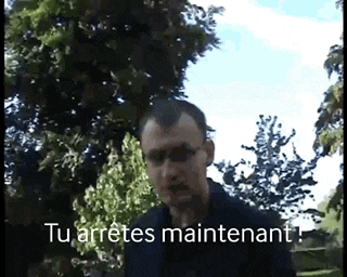 a man wearing sunglasses is standing in front of trees and says tu arretes maintenant .