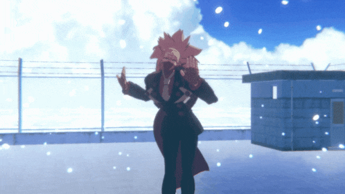 a cartoon character with red hair is standing in front of a fence