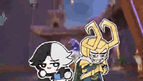 a cartoon of a man and a cartoon of a man and a cartoon of loki standing next to each other .