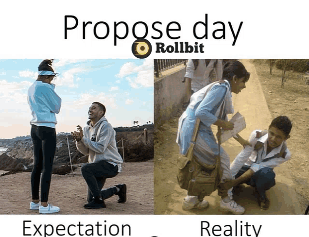 a picture of a man kneeling down next to a woman with the words propose day rollbit on the bottom