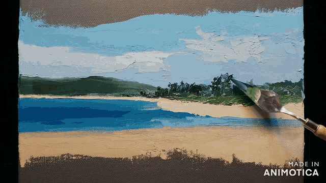 a painting of a beach with the words made in animotica below it