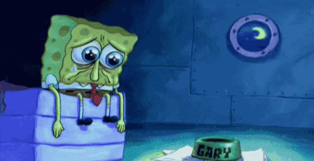a cartoon of spongebob sitting next to a bowl that says gary on it