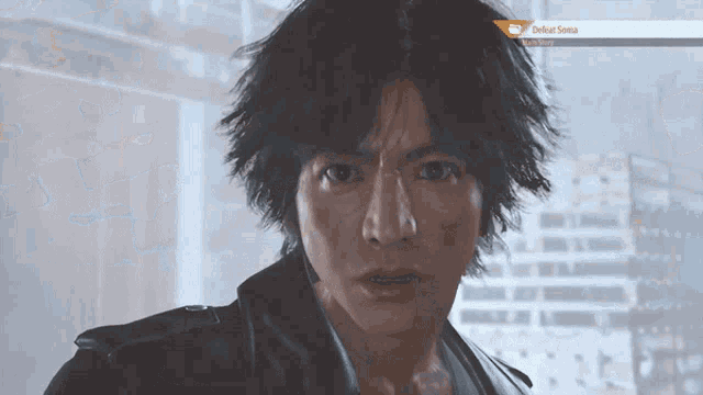 a close up of a man 's face in a video game with the word defeat soma in the corner