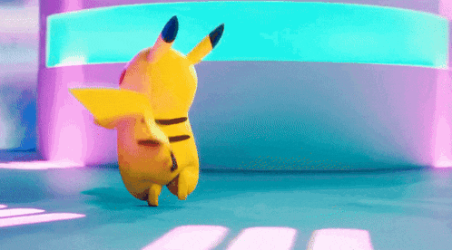 a pikachu is dancing in a room with a blue and purple background