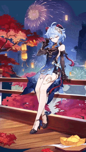 a girl in a dress is standing on a balcony with fireworks in the background