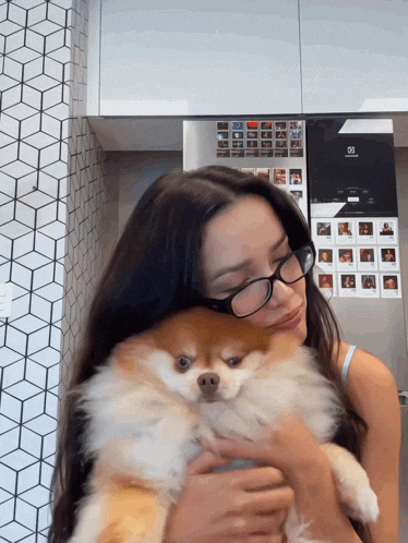a woman wearing glasses holds a small dog in front of an electrolux fridge