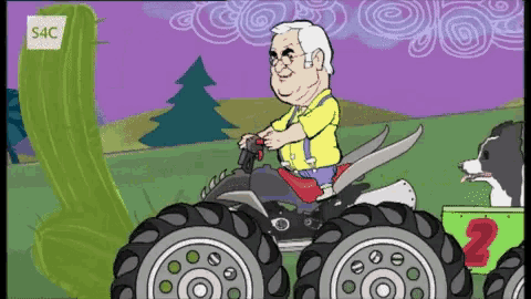 a cartoon of a man riding a four wheeled vehicle with the number 2 on it