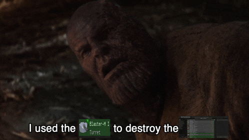 a man with a beard is laying on the ground with the words " i used the blaster-md to destroy the turret "