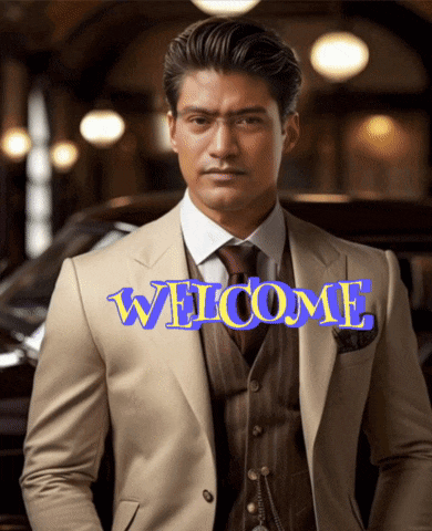 a man in a suit and tie is standing in front of a car and the word welcome is displayed