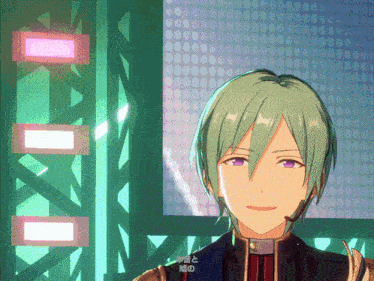a green haired anime character with purple eyes and a microphone on his head