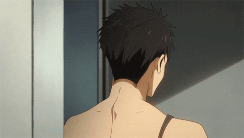 a man 's back is shown in a cartoon while standing in front of a door