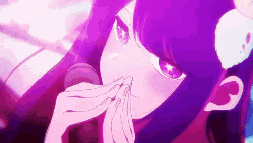 a close up of a purple haired anime girl with a cat ear .