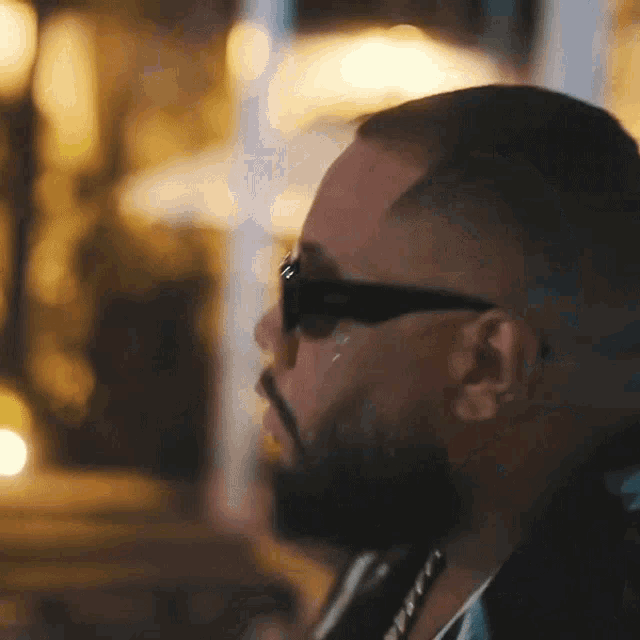 a close up of a man wearing sunglasses and a beard