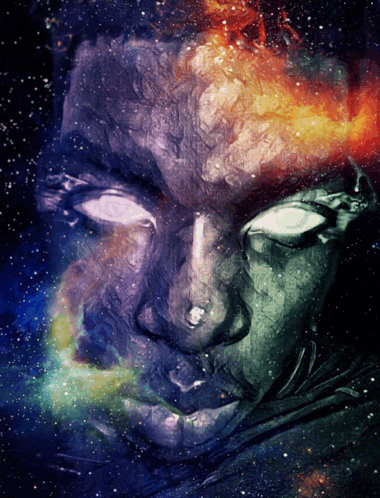 a painting of a person 's face with a galaxy background