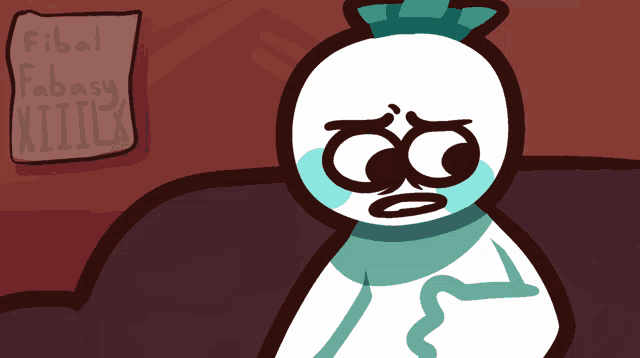 a cartoon character is sitting in front of a sign that says fibal fabasy xiiiilx
