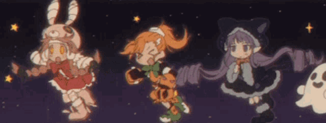 a group of anime characters are standing next to each other on a purple background