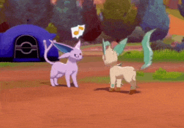 a purple and a white pokemon are standing next to each other on a dirt field .