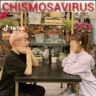 a man and a woman are sitting at a table talking to each other in front of flowers .