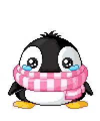 a pixel art penguin is crying with tears running down its face .