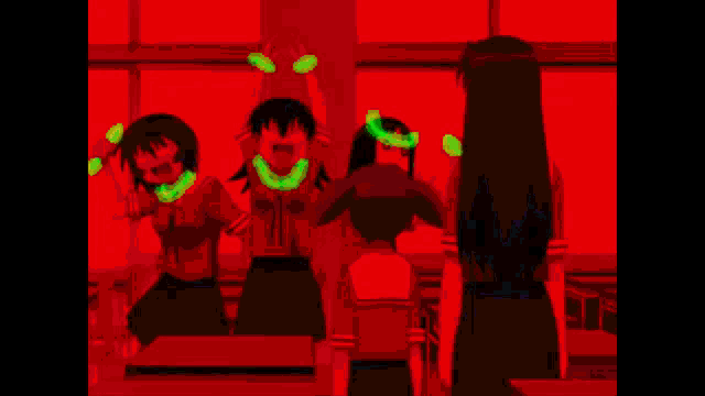 a group of girls are standing in a classroom with their hands in the air