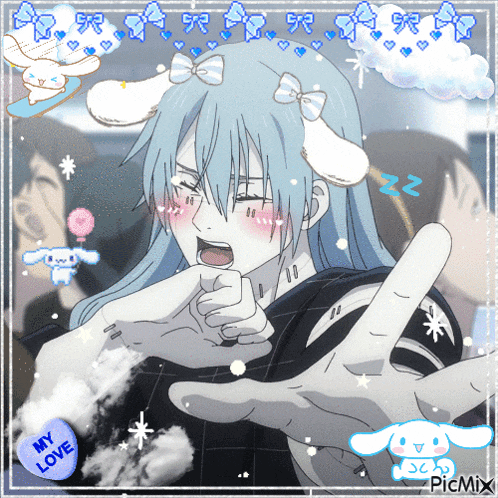 a picture of a girl with blue hair has a sticker that says ' my love ' on it