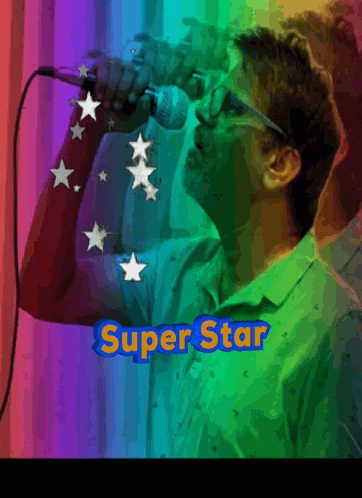 a man singing into a microphone with the words super star written above him