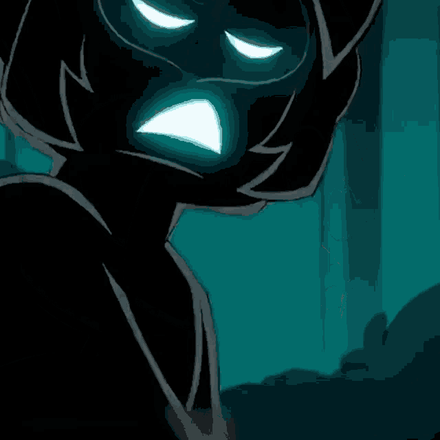 a close up of a cartoon character with a blue light coming out of his mouth .