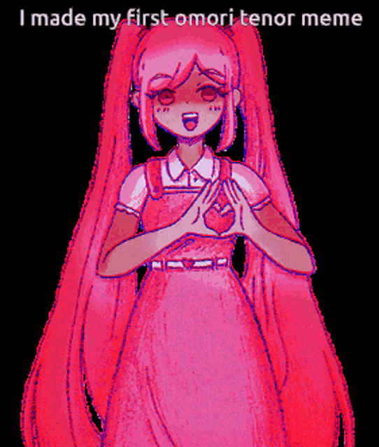 a drawing of a girl in a pink dress making a heart with her hands