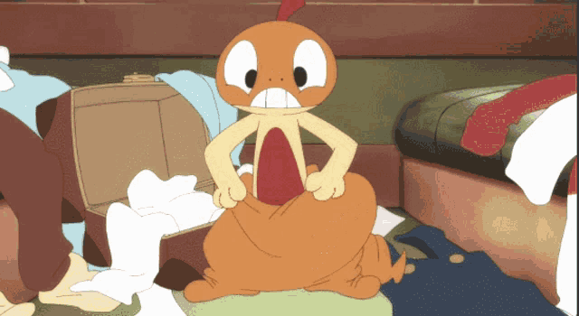a cartoon character is sitting on a pillow in front of a suitcase