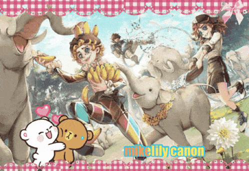 a cartoon drawing of elephants and a girl with the name mike lily canon
