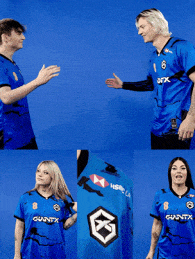 a man and a woman wearing blue shirts with guntx on the front